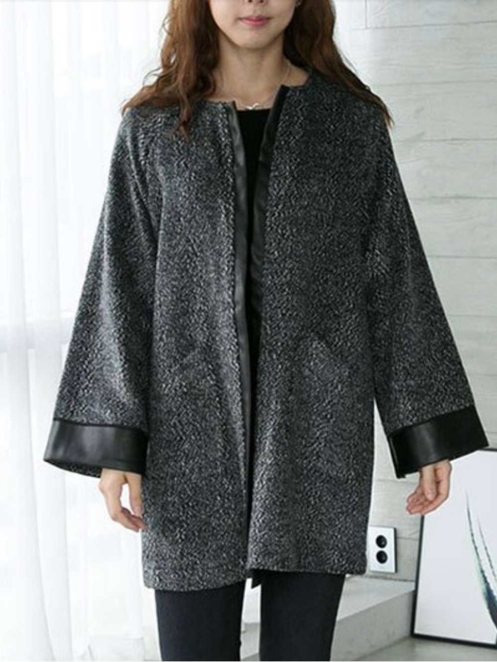 Zara Collection gray black Open Front Faux Leather Trim Cardigan Sweater Sz M